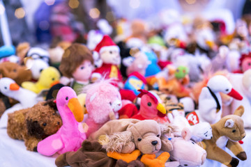 Fototapeta na wymiar Many different soft toys for children