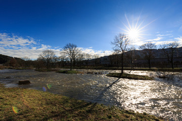 Hochwasser im Fluss Dreisam, Freiburg