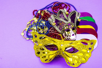 Celebration of mardi gras. Venetian, carnival, masquerade mask, beads