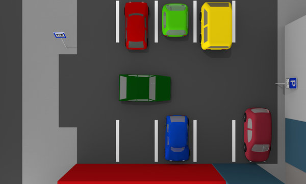 Parkplatz mit bunten Autos und Parkplatzschildern. Ansicht von oben. 3d render