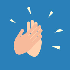 Human hands clapping, flat design graphic element, isolated vector on blue background