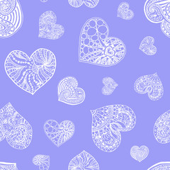 Vector seamless pattern from doodle hand drawn heart. White hearts on violet background. Background for Saint Valentines Day. Symbol of love. Heart in zentangle style.