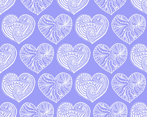 Vector seamless pattern from doodle hand drawn heart. White hearts on violet background. Background for Saint Valentines Day. Symbol of love. Heart in zentangle style.