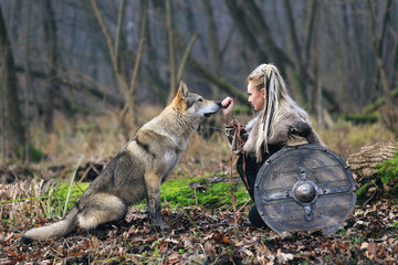 Beautiful viking warrior woman in traditional warrior clothes, with ax and shield, next to an wild...