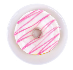 Delicious donut with white pink glaze on light background