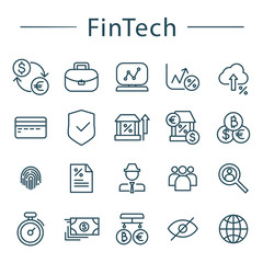 Fintech line icons set. Vector illustration. Currency exchange, crypto currency, broker, fingertip, timer, global, card, bank notes icons included.