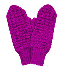 Violet knitted mittens in the form of a heart isolated on a white background