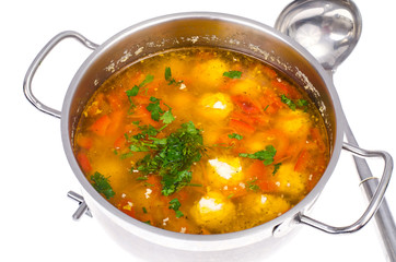 Pan with vegetable soup and meat balls