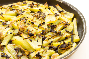 Tasty appetizer of baked potatoes with mushrooms