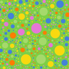 Colorful polka dots seamless pattern on bright 2 background. Bizarre classic colorful polka dots textile pattern. Seamless scattered confetti fall chaotic decor. Abstract vector illustration.