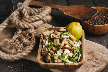 beer salad on wooden plate