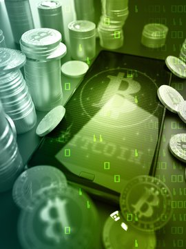 Artwork of Bitcoins and Phone