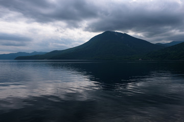 Panoramic views on beautiful clear mountain lakes of Shikotsu-Toya National Park, Hokkaido, Japan