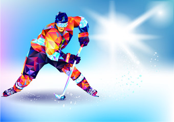 Fototapeta premium Vector illustration blue background in a geometric triangle of XXIII style Winter games. Olympic hockey on ice arena from triangle silhouette