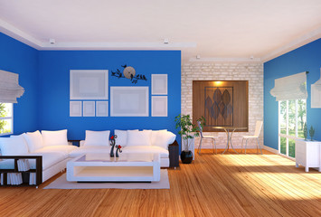 Modern living room interior with furniture and empty photo frames on wall, 3D rendering