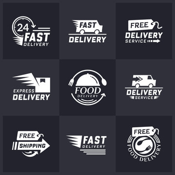 Set of delivery labels for online shopping. Worldwide shipping. Signs and labels free delivery. Fast delivery logotype in white color. Delivery service icons. Food delivery design