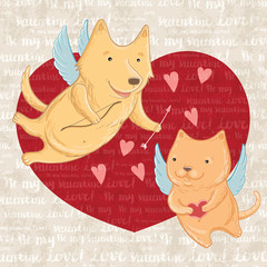 Greeting valentine with cute dog and cat.