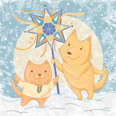 Vector illustration of Christmas carols with dog and cat