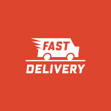 Fast delivery concept with truck van on red background. Delivery label for online shopping. Worldwide shipping. Vector illustration