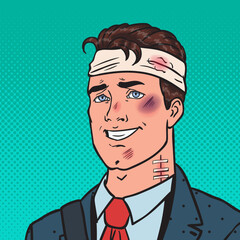 Pop Art Beaten Positive Businessman. Man Bruised Injured. Vector illustration