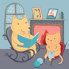 Vector illustration cute dog and cat, autumn cosiness