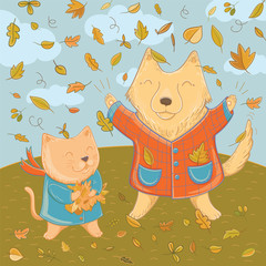 Vector illustration of september with funny pets