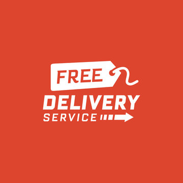 Free delivery service on red background. Delivery label for online shopping. Worldwide shipping. Vector illustration