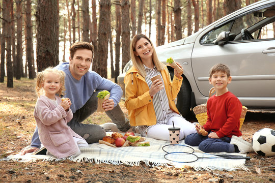 Young couple with their little children having picnic in pine forest