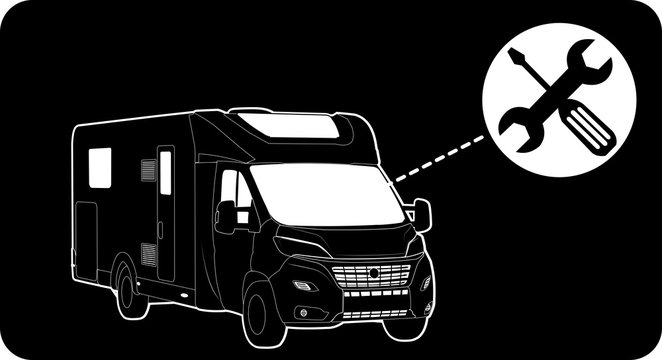 Wohnmobil Werkstatt Service reparatur Symbol Caravan Camping Motorcaravan Motorhome Grafik Teilintegrierter weiss schwarz