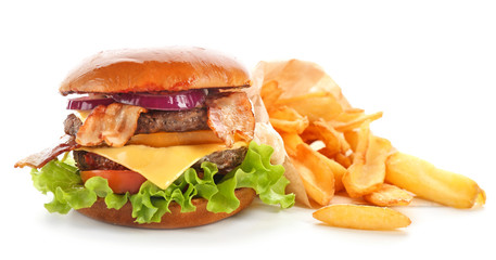 Delicious double burger and french fries on white background