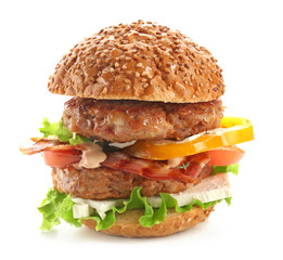 Delicious double burger on white background