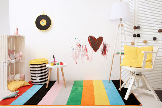 Child's room with drawing on wall