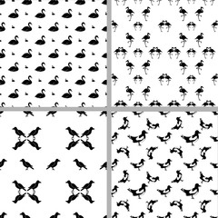 Set of four seamless patterns with different birds. The crow, flamingo, swan, magpie. Black silhouettes on a white background. Design for fabric and decor.