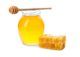 Composition with sweet honey on white background