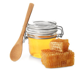 Composition with sweet honey on white background