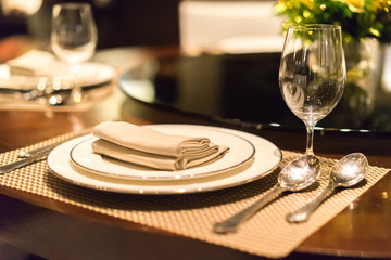 Close up picture of empty glasses in restaurant.blur background .