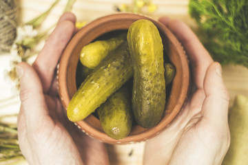 Pickled cucumbers, small marinated pickles.