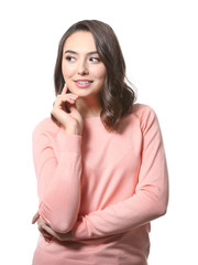 Young beautiful smiling woman on white background