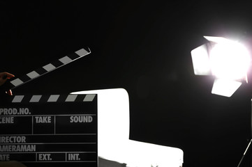 Movie clapper on filming location, closeup