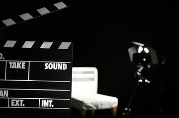 Movie clapper on filming location, closeup