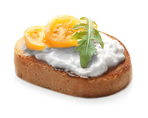 Tasty fresh bruschetta on white background