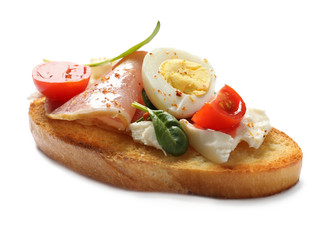 Tasty fresh bruschetta on white background