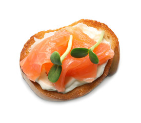 Tasty fresh bruschetta on white background