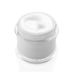 Jar with hand cream on white background