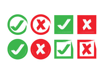 Red and green ink abstract circle and square brushed check mark and crossed X mark boxes icons set on white background