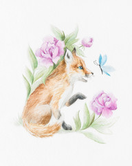 Watercolor fox portrait with a butterfly