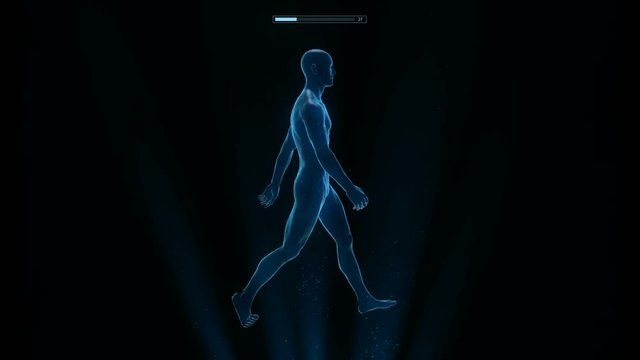 Man figure walking in circles, human body temperature, three dimensional human male silhouette isolated on black background, 3D animation loop