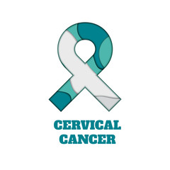Cervical cancer awareness poster. Teal and white ribbon made in 3D paper cut and craft style on white background. Ovarian disease symbol. Medical concept. Vector illustration.