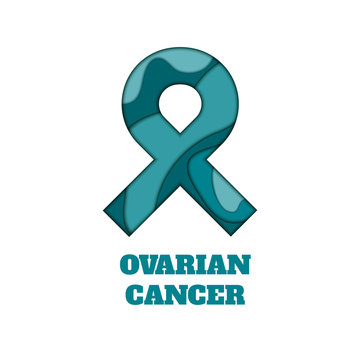 Ovarian cancer awareness poster. Teal ribbon made in 3D paper cut and craft style on white background. Medical concept. Vector illustration.