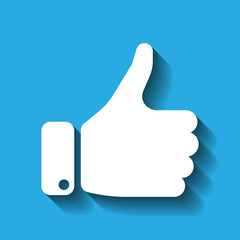 White hand silhouette with thumb up on blue background. Gesture of like, agree, yes, approval or encouragement. Vector illustration with dropped shadow.